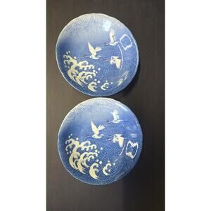 Blue and White Porcelain Soup Plates Set 2 Round Cranes Waves Japan Tableware